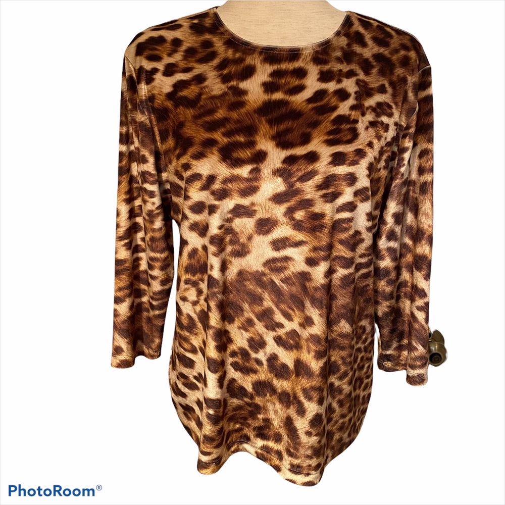 LEGGIARDO TOP TAN BROWN ANIMAL PRINT TEE 3/4 SLEEVE SIZE 4 L